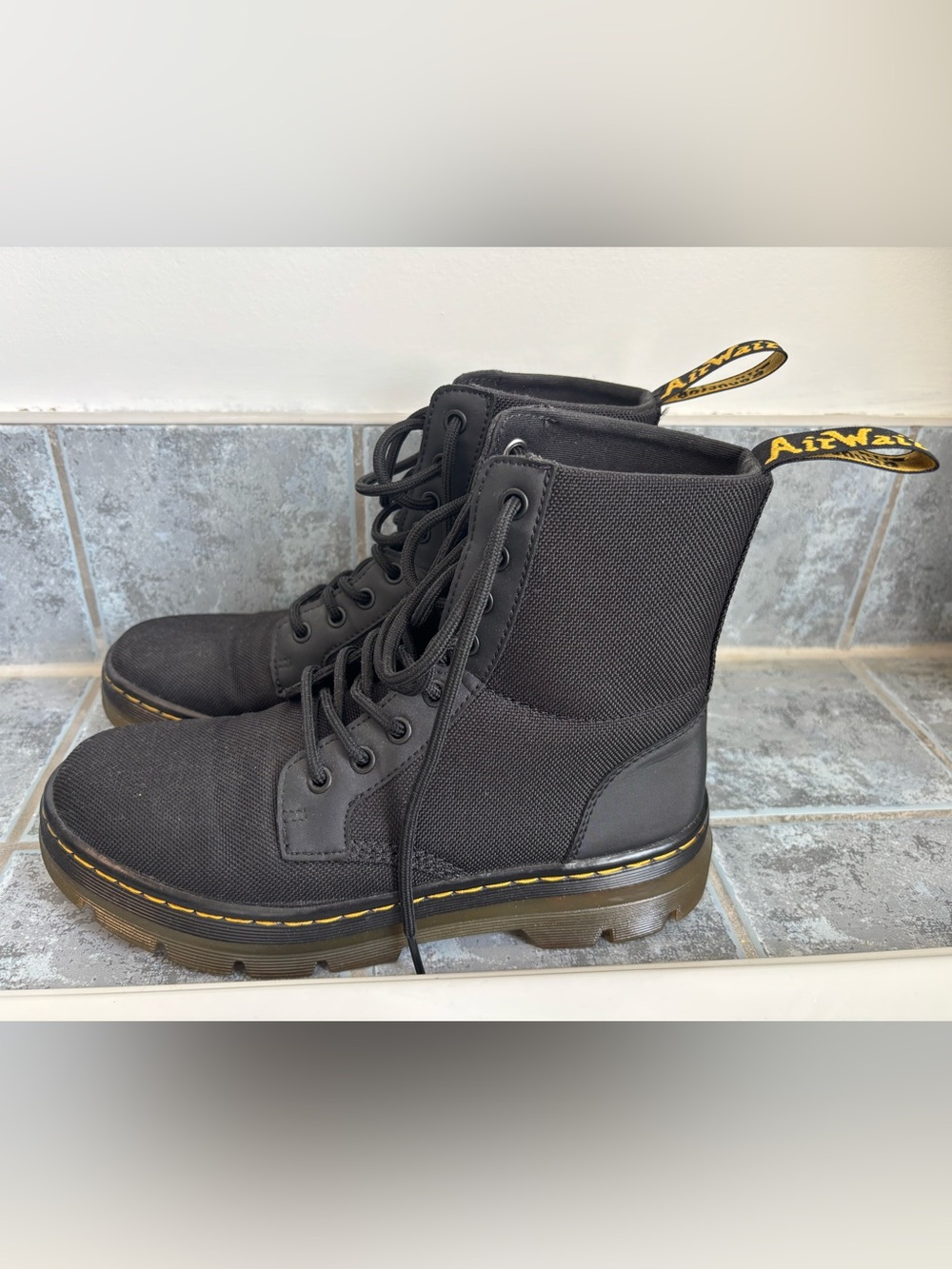 Dr. Martens Black Lace-Up Canvas Combat Boots with Yellow Stitching